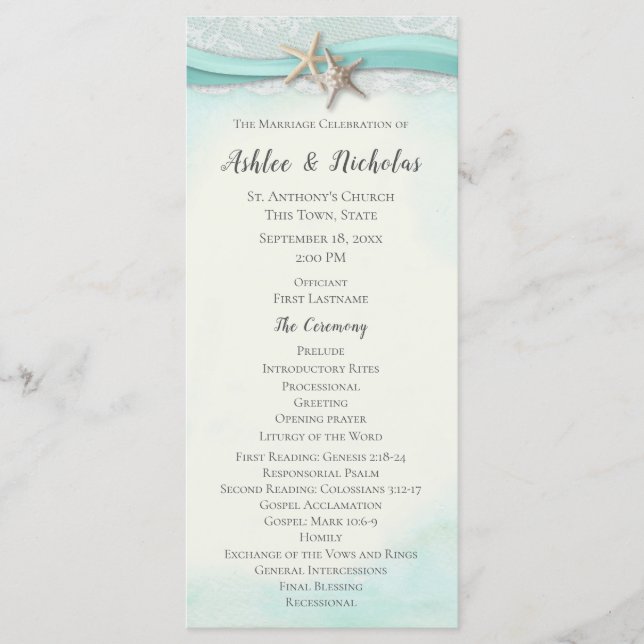 Hochzeitsprogramm für Starfish und Lace Aqua Programm (Vorderseite)