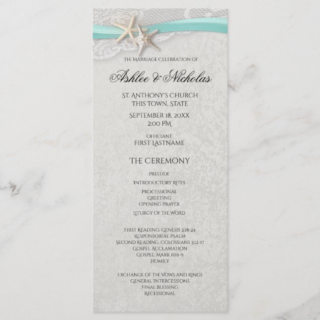 Hochzeitsprogramm für Starfish und Lace Gray Programm (Vorderseite)