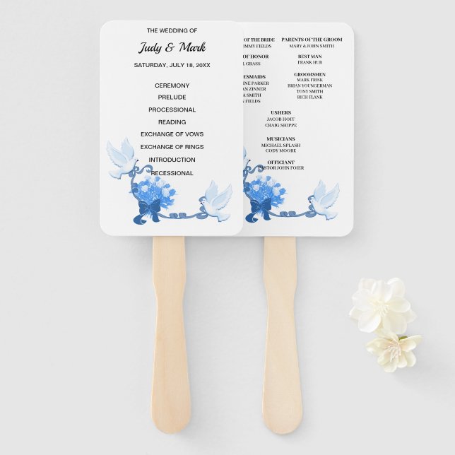 Hochzeitsprogramm für Tauben und Blütenblumen Fächer (Vorne und Hinten)