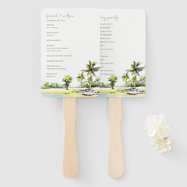 Hochzeitsprogramm für Tropical Script Coastal Palm Fächer (Vorne und Hinten)