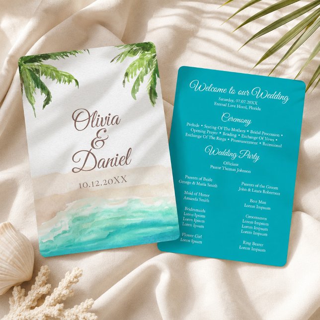 Hochzeitsprogramm für tropische Strände und Palmen Programm (Watercolor Tropical Beach and Palm Trees Wedding Program)