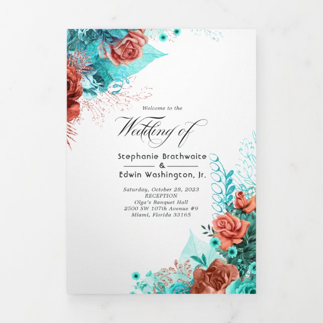 Hochzeitsprogramm für Türkis und Korallen Dreifach Gefaltete Einladung (Cover)