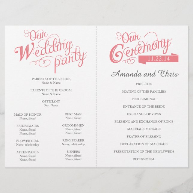 Hochzeitsprogramm für Vintage Korallen-Liebe (Vorderseite)