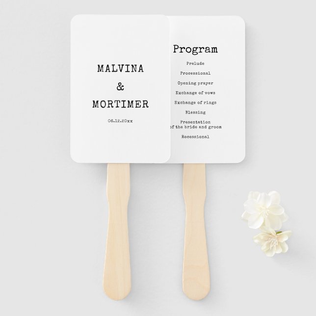 Hochzeitsprogramm für Vintage Schreibmaschinen Fächer (Vorne und Hinten)