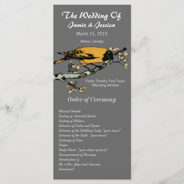Hochzeitsprogramm für Vintage Vögel Programm (Vorderseite)