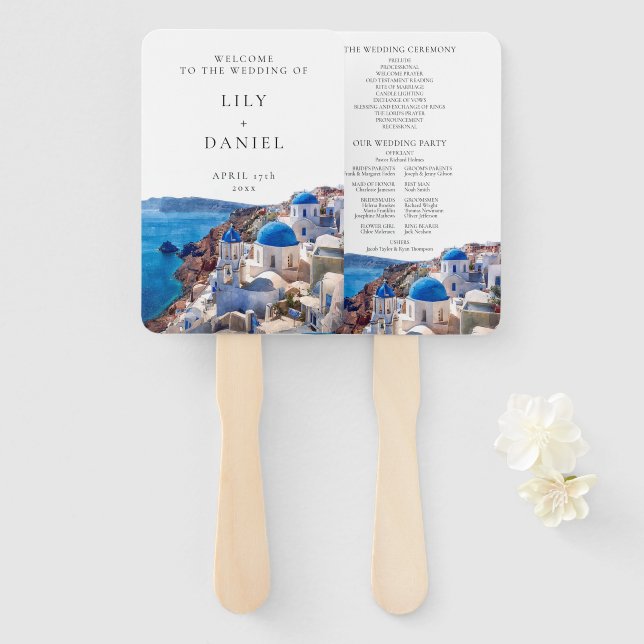 Hochzeitsprogramm für Wasserfarbe Santorini Griech Fächer (Vorne und Hinten)