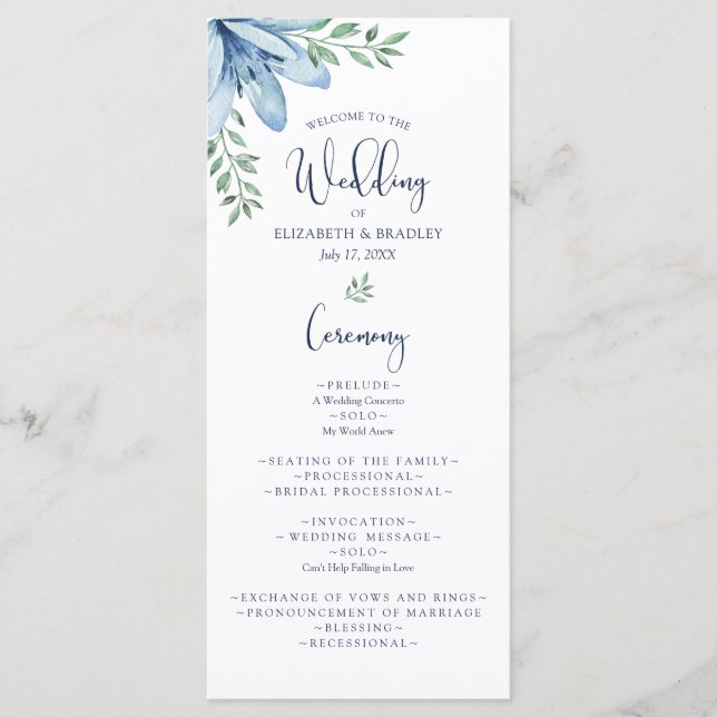 Hochzeitsprogramm für Wasserfarben Blüten und Grün Menükarte (Vorderseite)