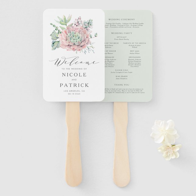 Hochzeitsprogramm für Wasserfarben-Pastel-Sukkulen Fächer (Vorne und Hinten)