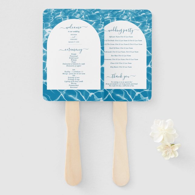 Hochzeitsprogramm für Wasserfarben und blaue Ozean Fächer (Vorne und Hinten)