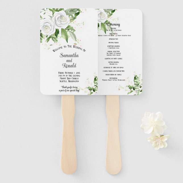 Hochzeitsprogramm für Weiße Rosen und Gipskräuter Fächer (Vorne und Hinten)