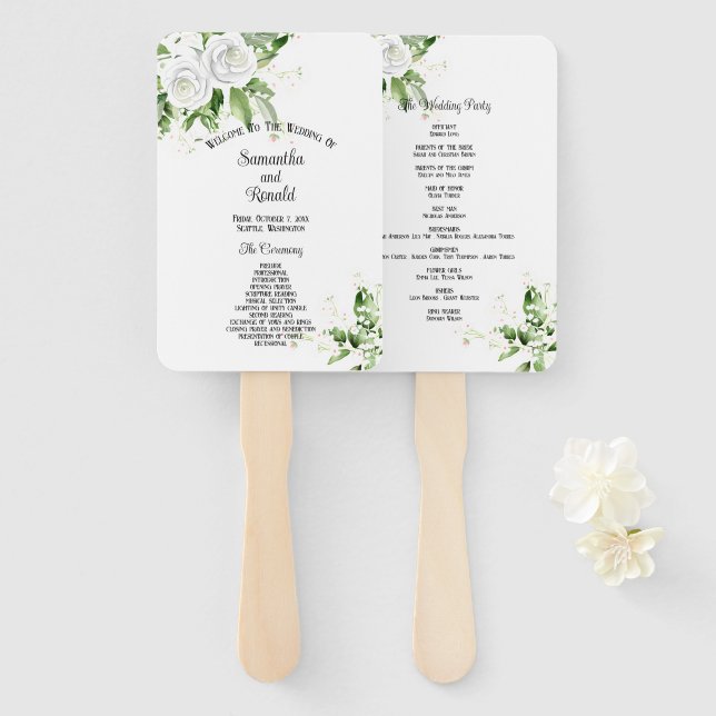 Hochzeitsprogramm für Weiße Rosen und Gipskräuter Fächer (Vorne und Hinten)