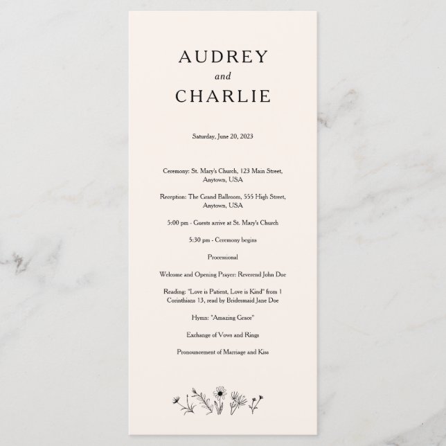 Hochzeitsprogramm für Wildblumen Programm (Vorderseite)