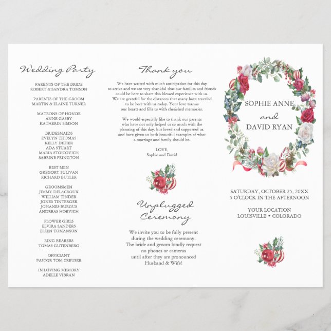 Hochzeitsprogramm für Winter-Blumenreath Tri+Fold (Vorne)