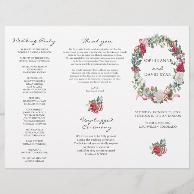 Hochzeitsprogramm für Winter-Blumenreath Tri+Fold (Vorne)