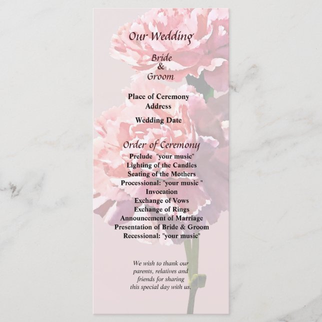 Hochzeitsprogramm für zwei rosa Nelken Programm (Vorderseite)