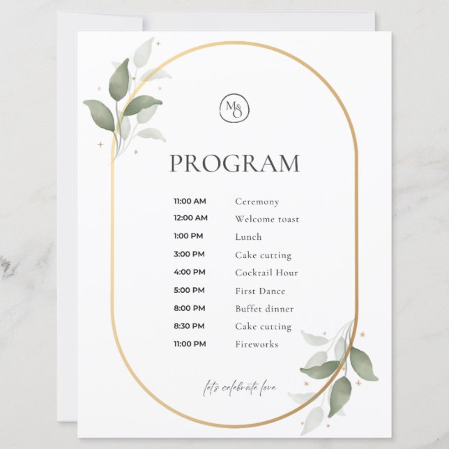 Hochzeitsprogramm – Goldener Bogen & Grüne Botanis (Vorderseite)