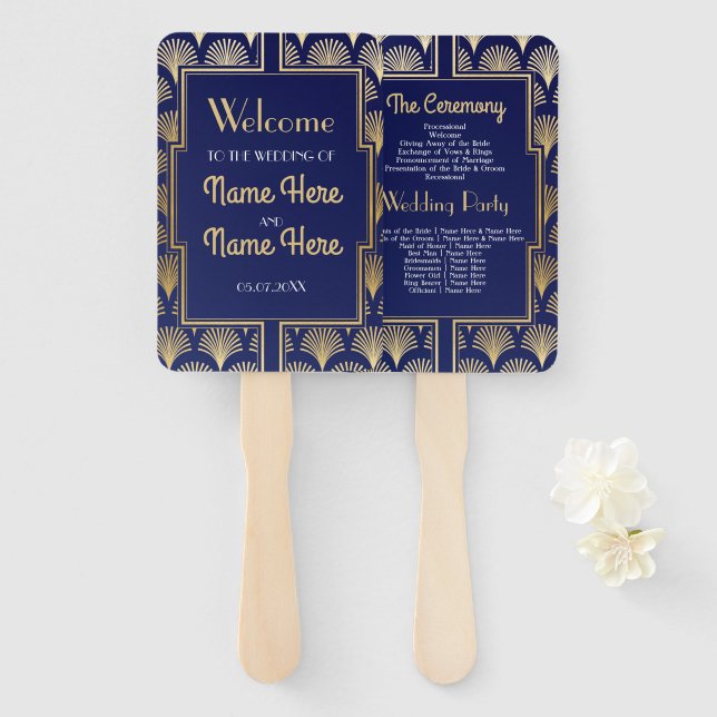 Hochzeitsprogramm Hand Fan 1920er Jahre Gold Fächer (Vorne und Hinten)