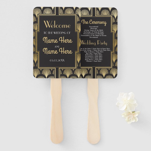 Hochzeitsprogramm Hand Fan 1920er Jahre Gold Fächer (Vorne und Hinten)
