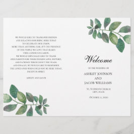 Hochzeitsprogramm im Sommer gefaltet. Grüne Blätte