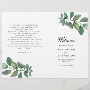 Hochzeitsprogramm im Sommer gefaltet. Grüne Blätte