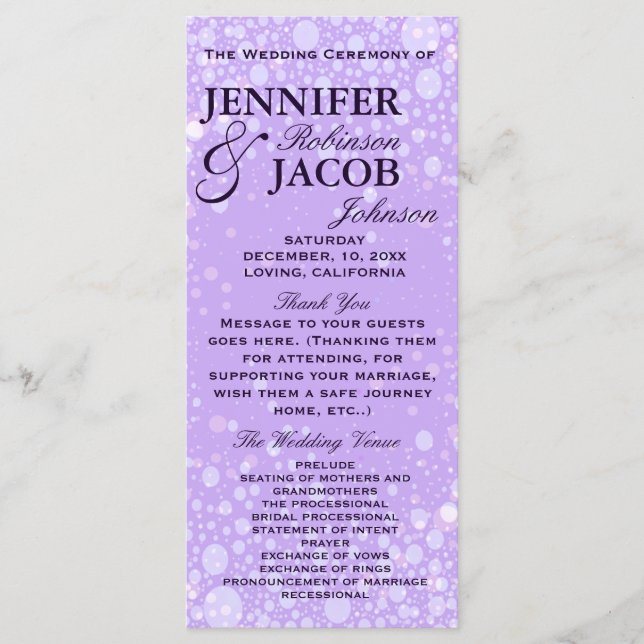 Hochzeitsprogramm | Lavender Champagne Bubbles Programm (Vorderseite)