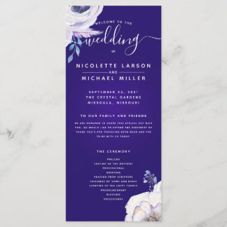 Hochzeitsprogramm Lila Navy Blue und Lilac Blume Menükarte