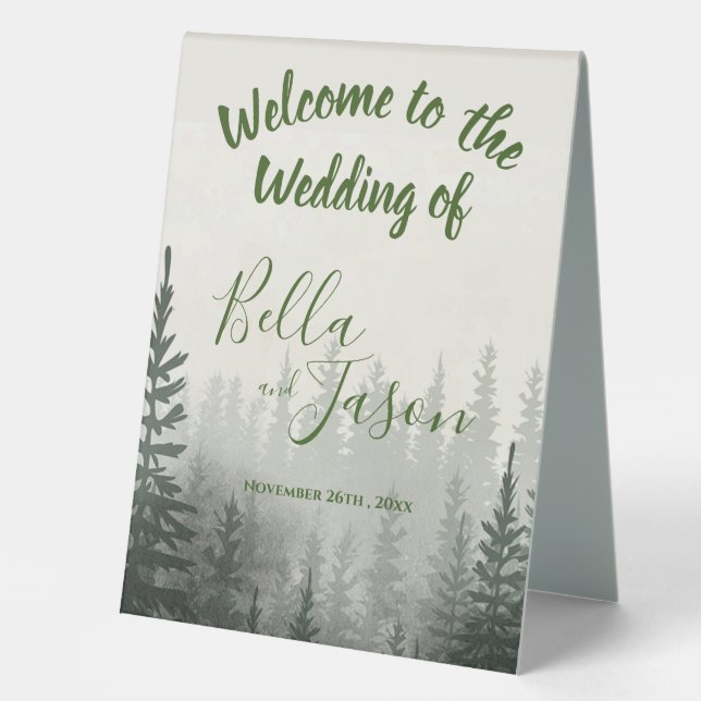 Hochzeitsprogramm "Misty Forest Trees Themed WEDIN Tischaufsteller (Vorderseite)