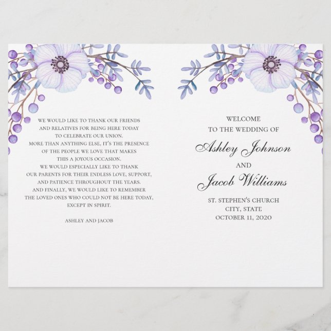 Hochzeitsprogramm mit Blumen gefaltet. Lila Blumen (Vorderseite)