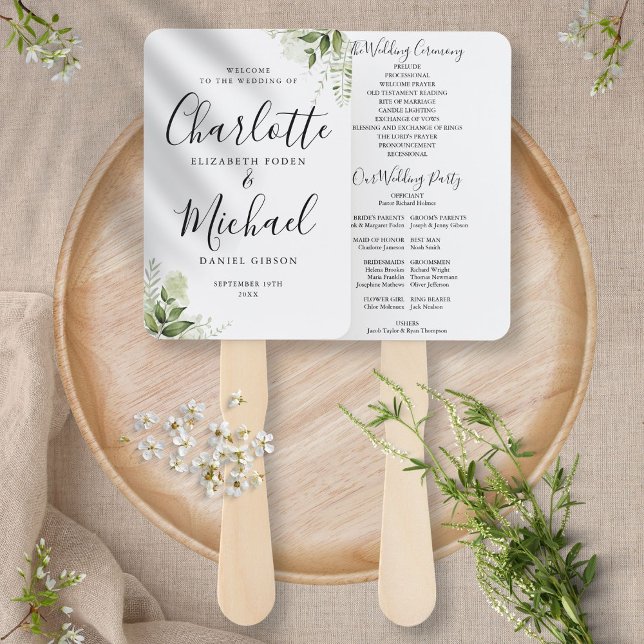 Hochzeitsprogramm mit grünen Blättern und Untersch Fächer (Von Creator hochgeladen)