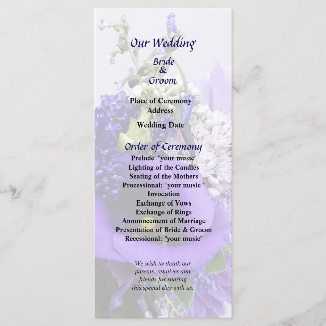 Hochzeitsprogramm mit lila Farbtönen Programm (Vorderseite)