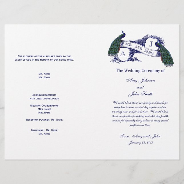 Hochzeitsprogramm mit Vintage-Pfau-Motiv (Vorderseite)