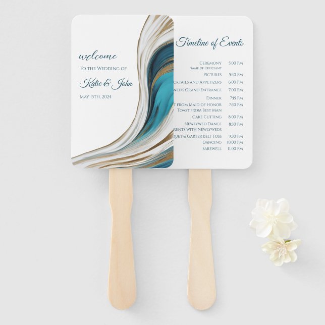 Hochzeitsprogramm - Modernes Blau und Gold- Fächer (Vorne und Hinten)