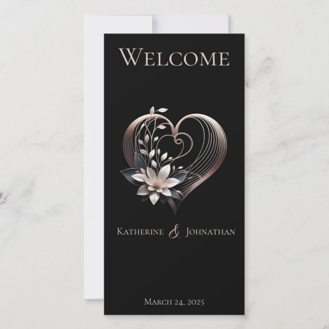 Hochzeitsprogramm Modernes rosa Herz mit Blume (Vorderseite)