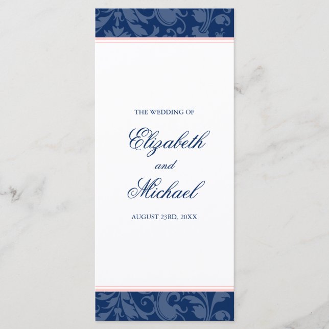 Hochzeitsprogramm Navy Blue Blush Pink Damask Swir Programm (Vorderseite)