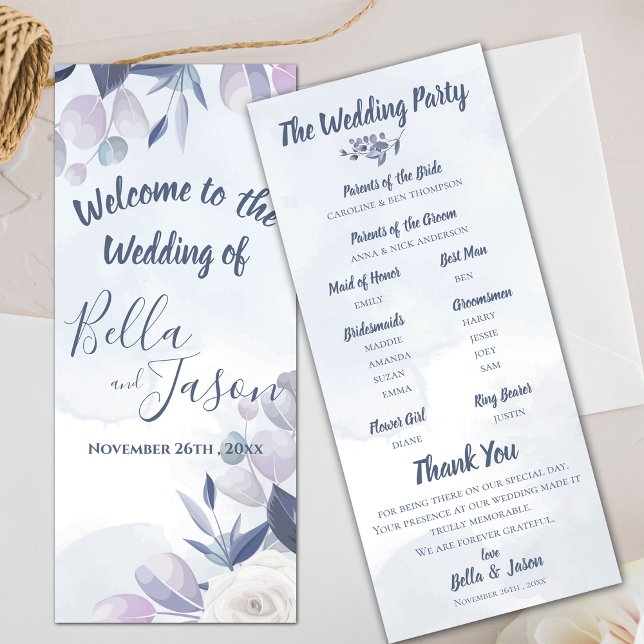 Hochzeitsprogramm Niedliche Wasserfarben Dusty Blu Einladung (Wedding Program Cute Watercolor Dusty Blue Floral)