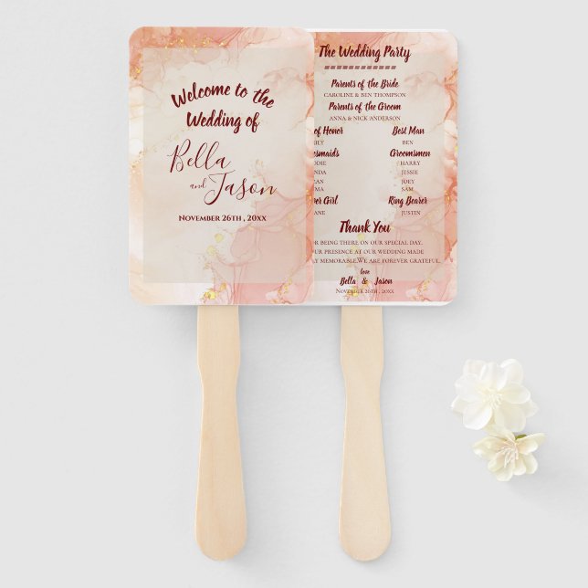 Hochzeitsprogramm Peach Gold Orange Marmor Party Fächer (Vorne und Hinten)