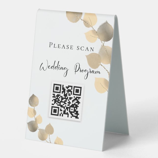 Hochzeitsprogramm QR-Code Eukalyptus golden Tischaufsteller (Vorderseite)