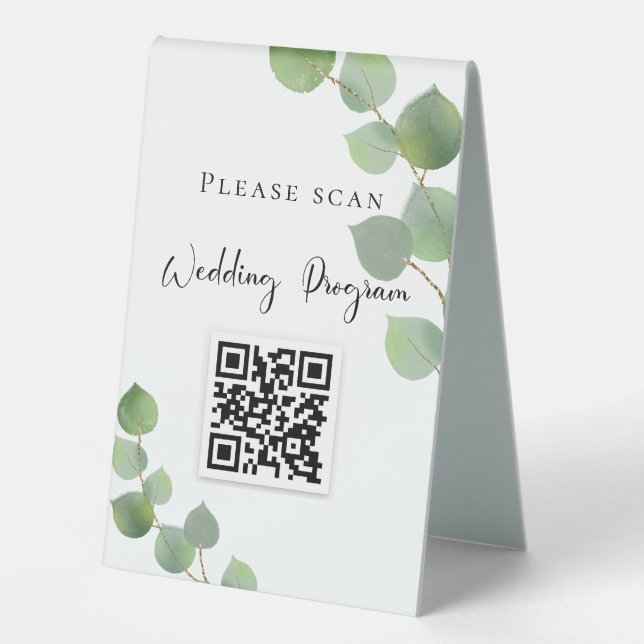 Hochzeitsprogramm QR Code Eukalyptus Grüne Tischaufsteller (Vorderseite)