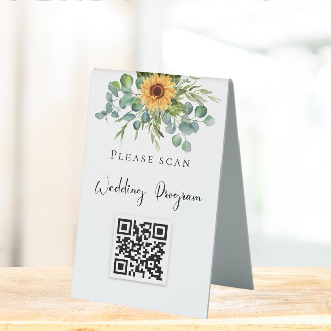 Hochzeitsprogramm QR Code Sonnenblumen Eukalyptus Tischaufsteller (Von Creator hochgeladen)