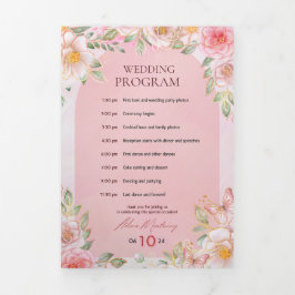 Hochzeitsprogramm – Rosa Blumen & Schmetterling De Dreifach-gefaltete Programmkarte