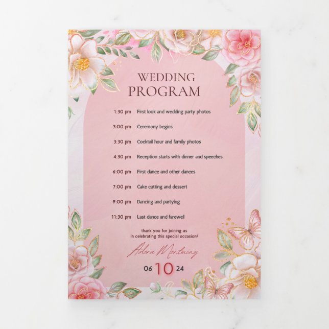 Hochzeitsprogramm – Rosa Blumen & Schmetterling De Dreifach-gefaltete Programmkarte (Cover)