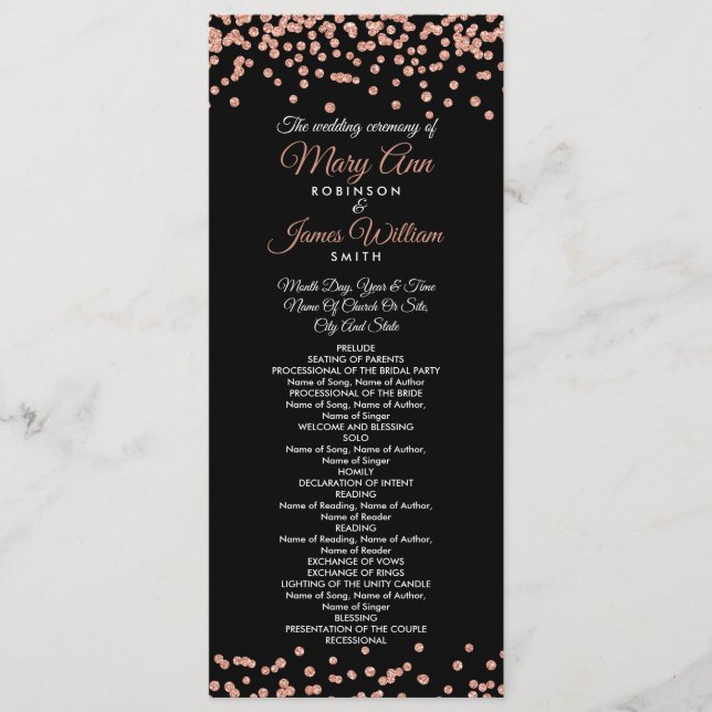 Hochzeitsprogramm Rose Gold Glitzer Confetti Black Programm (Vorderseite)
