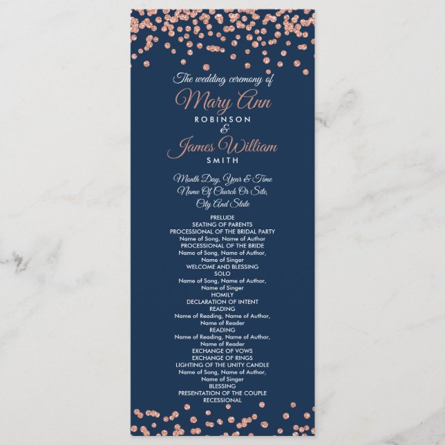 Hochzeitsprogramm Rose Gold Glitzer Confetti Navy Programm (Vorderseite)