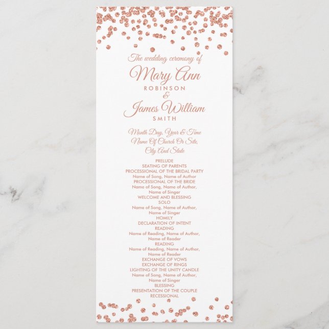 Hochzeitsprogramm Rose Gold Glitzer Confetti White Programm (Vorderseite)