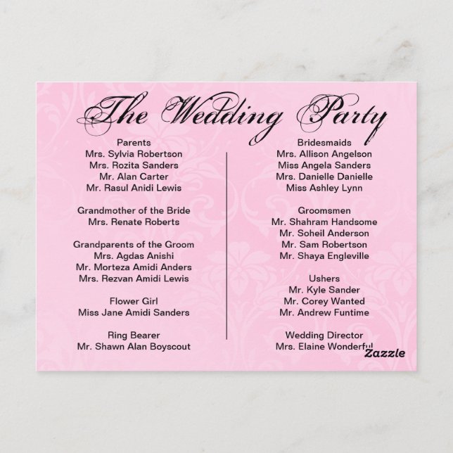 Hochzeitsprogramm, Seite 1 von 2. Postkarte (Rückseite)