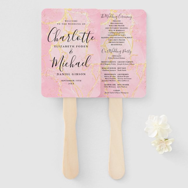 Hochzeitsprogramm Signature Script Pink Gold Marmo Fächer (Vorne und Hinten)