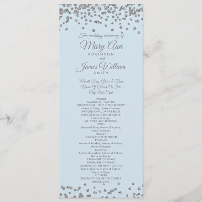 Hochzeitsprogramm Silver Glitzer Confetti Ice Blue Programm (Vorderseite)