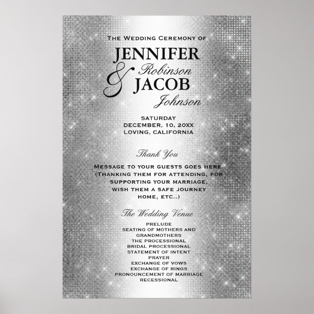 Hochzeitsprogramm | Soft Silver Glitzer Look Poster (Vorne)