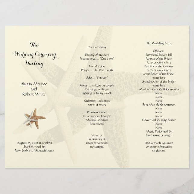 Hochzeitsprogramm "Starfish Couple Cream Tri-Fold" (Vorderseite)