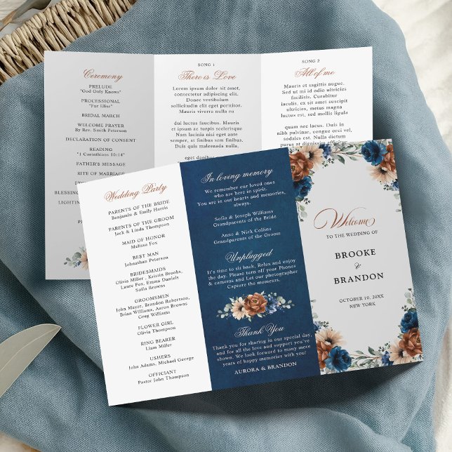 Hochzeitsprogramm Terracotta Navy Blue Greenerity (Terracotta Navy Blue Greenery Wedding  Tri fold Program)
